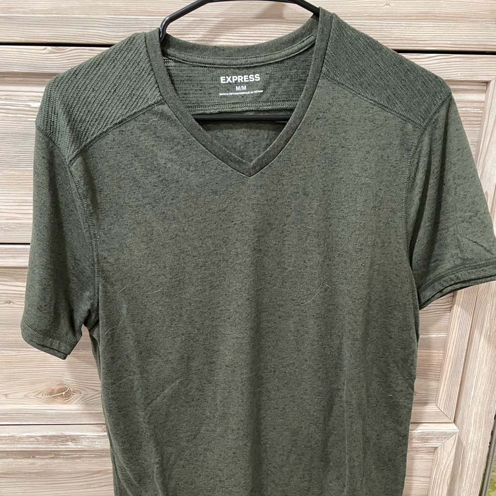 Express mens medium green tshirt textured on back and by sleeve used like new